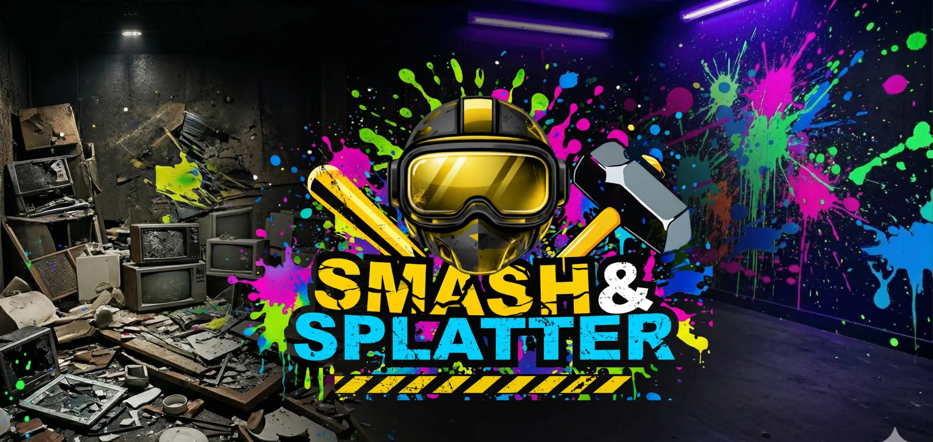 Smash & Splatter logo over a smash room and splatter room